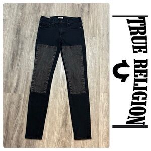 TRUE RELIGION Halle Mid rise super skinny black jeans with patches on thighs.